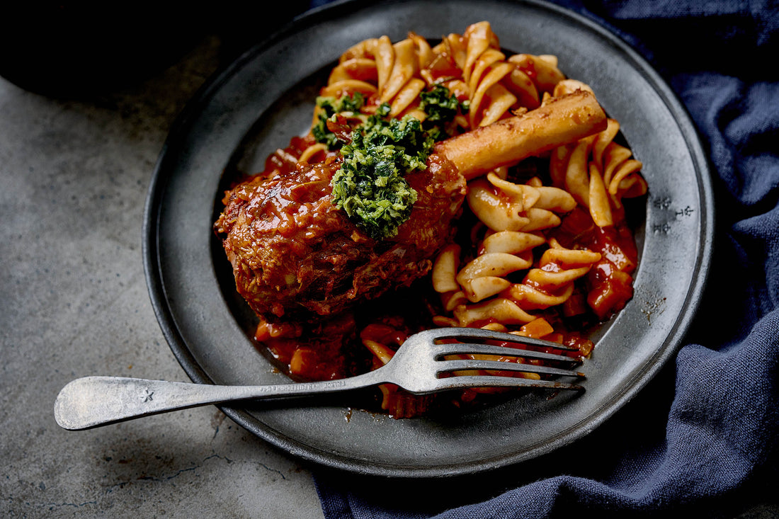 Slow Cooked Lamb Shank Ragu w/ Fusilloni + Gremolata