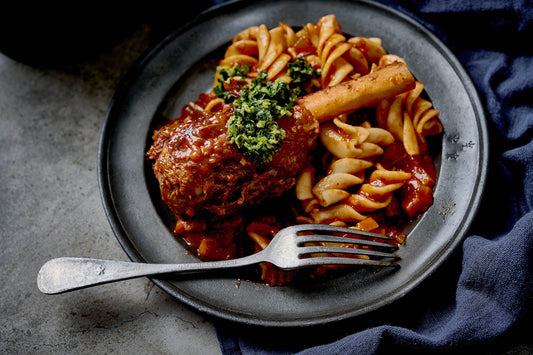 Slow Cooked Lamb Shank Ragu w/ Fusilloni + Gremolata